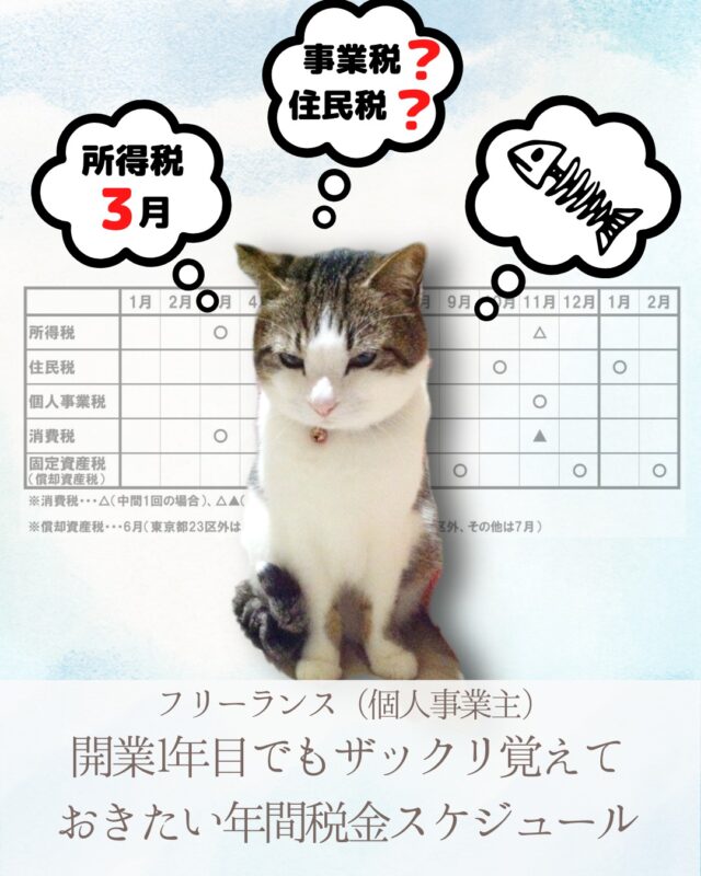 今回は『フリーランス（個人事業主）開業1年目でもザックリ覚えておきたい年間税金スケジュール』についてご紹介させていただきます。

＝＝＝＝＝＝＝＝＝＝

このアカウントでは杉並区で開業しているぼっち税理士の松崎淳（まつざきあつし）が、

❐ 税務・会計に関する知識、ニュース
❐ 金融機関との付合い方・資金繰り
❐ 経理業務の効率化のコツ
❐ ときどき、愛猫の近況

などを発信しています。

インスタには投稿できていない記事もございますので、お時間がございましたら、是非、ブログもご覧ください👍

https://viva-la-normal-life.com/　← 松崎淳税理士事務所Blogへ

＝＝＝＝＝＝＝＝＝＝

#税理士
#会計事務所
#認定経営革新等支援機関
#融資コンサルタント協会正会員
#ファイナンシャルプランナー
#個人事業主
#フリーランス
#起業
#税金